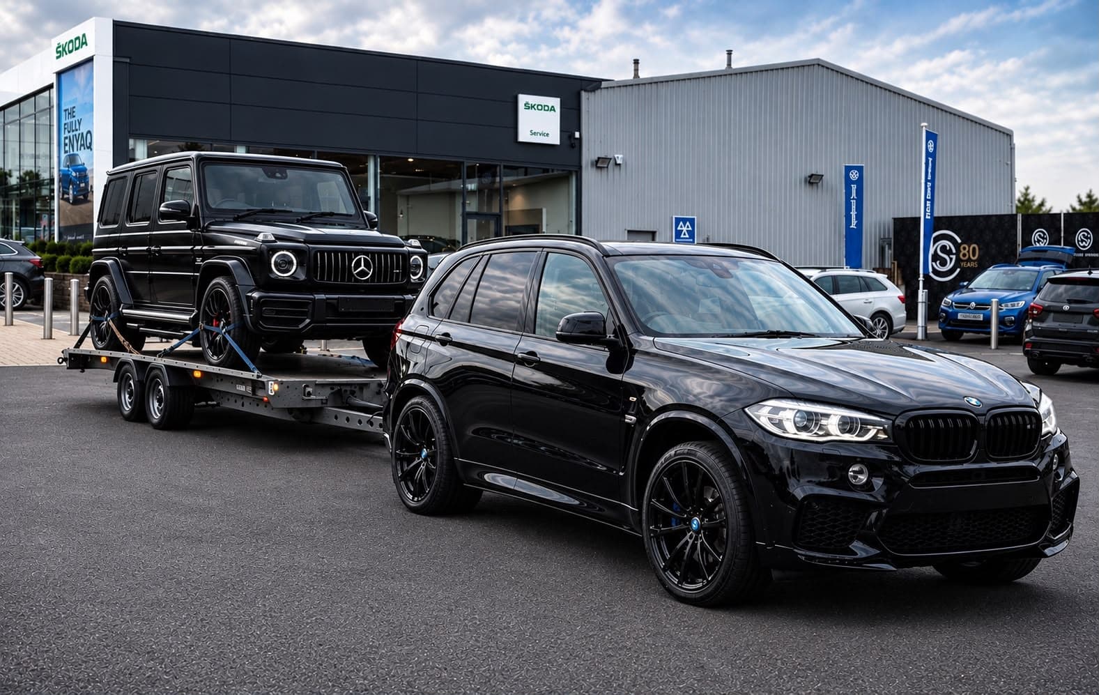 A BMW X5 towing a Mercedes G-Class outside a dealership